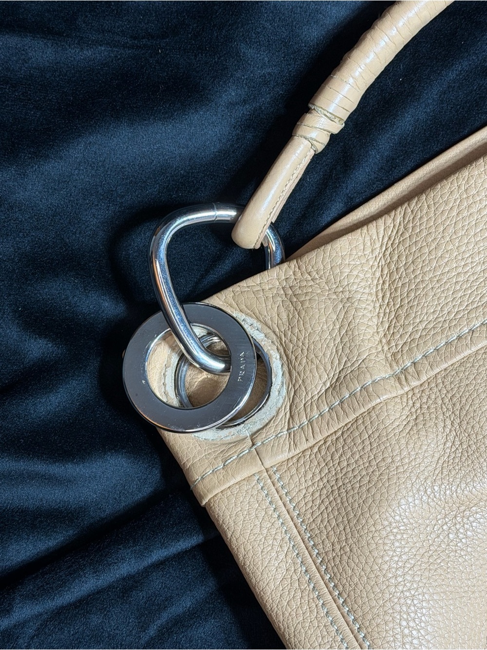 Prada Beige/Tan Pebbled Leather Hobo with Silver Rings - Picture 4 of 13